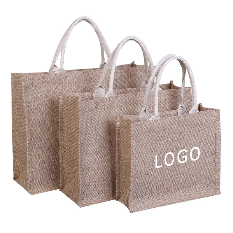 Eco friendly laminated yellow burlap bag reusable linen beach bag Hessian shopping tote bag with custom logo