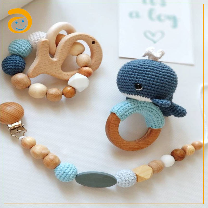 Ecological crochet drum, beech wood cut silk bracelet ring, organic drum gift, gym toy for newborns, forest animals