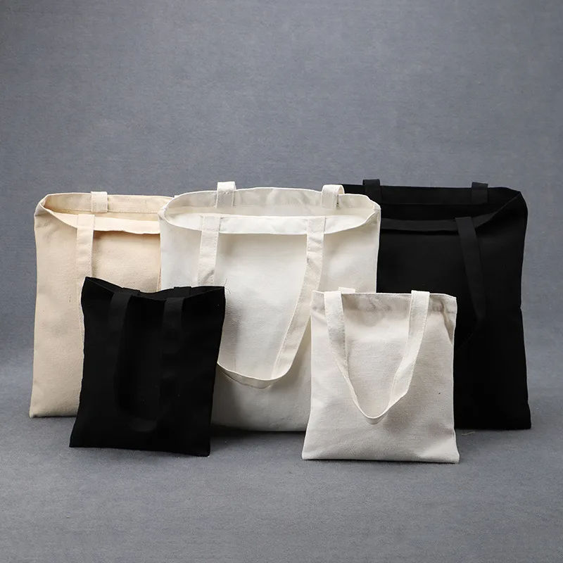 Environmentally friendly cream beige black blank reusable cotton shopping bag canvas ordinary tote bag with female shoulder grocery store logo