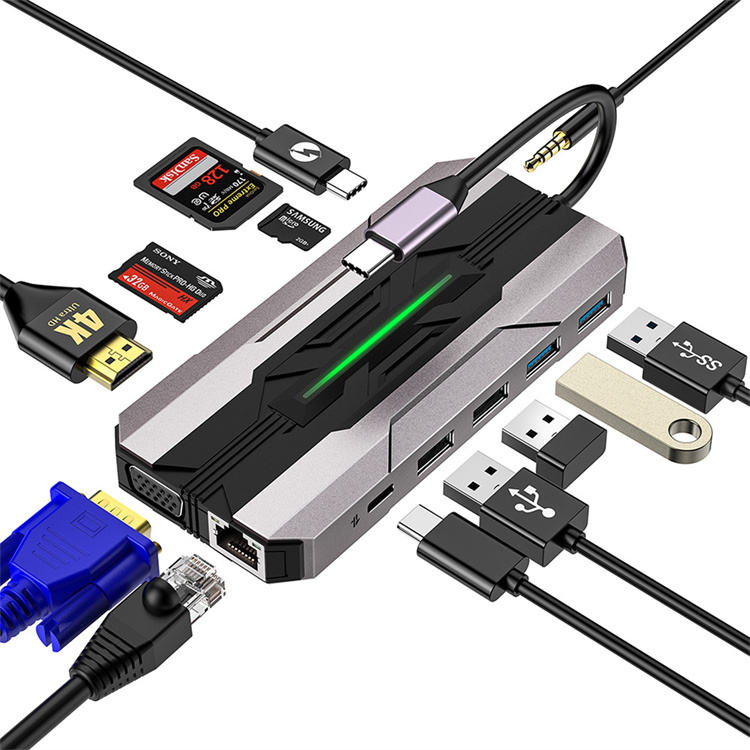 13 in 1 USB C Hub Expansion Dock SD Card Reader 1000M RJ45 HD TV VGA USB Hub 3.0 Concentrator Adapter