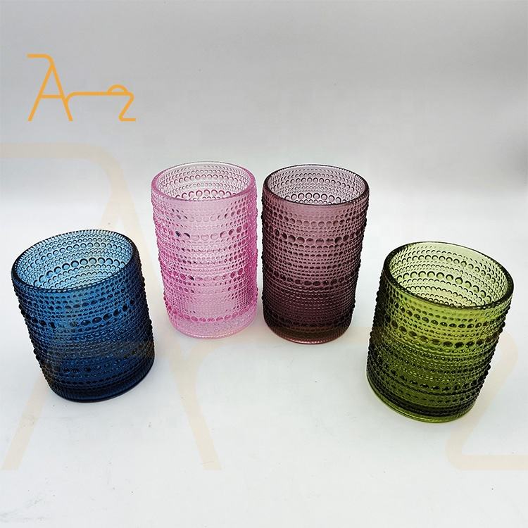Popular embossed bead design activity decoration glassware color drinking juice glasses green purple blue glass cup