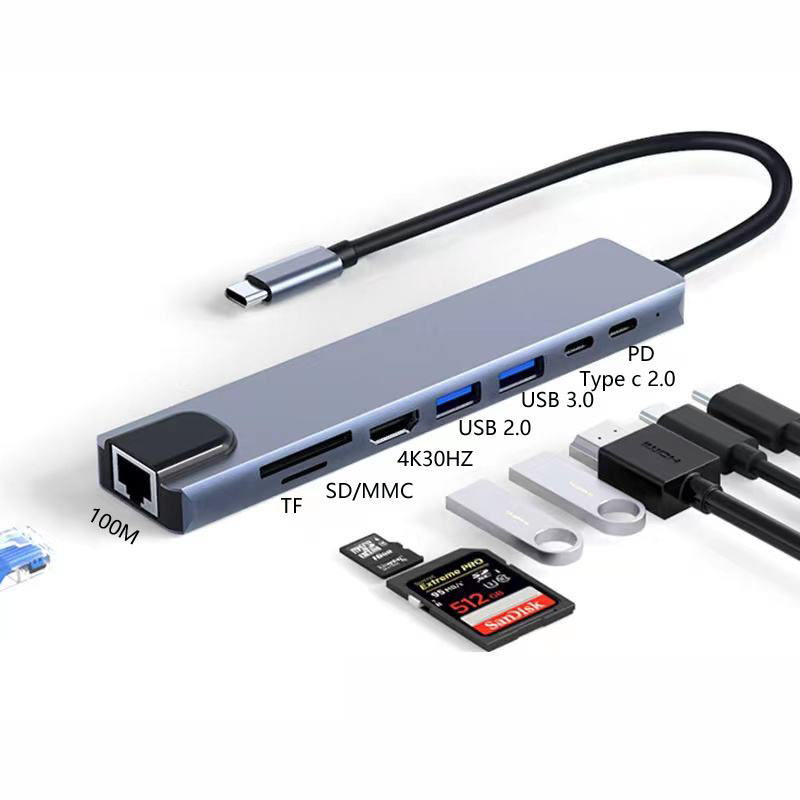 Aluminum alloy 3/4/5/6/7/8 1 type C hub with high-definition TV network Ethernet TF/sd card reader 2 USB and PD 87w 3.0 hub, suitable for Macbok Air
