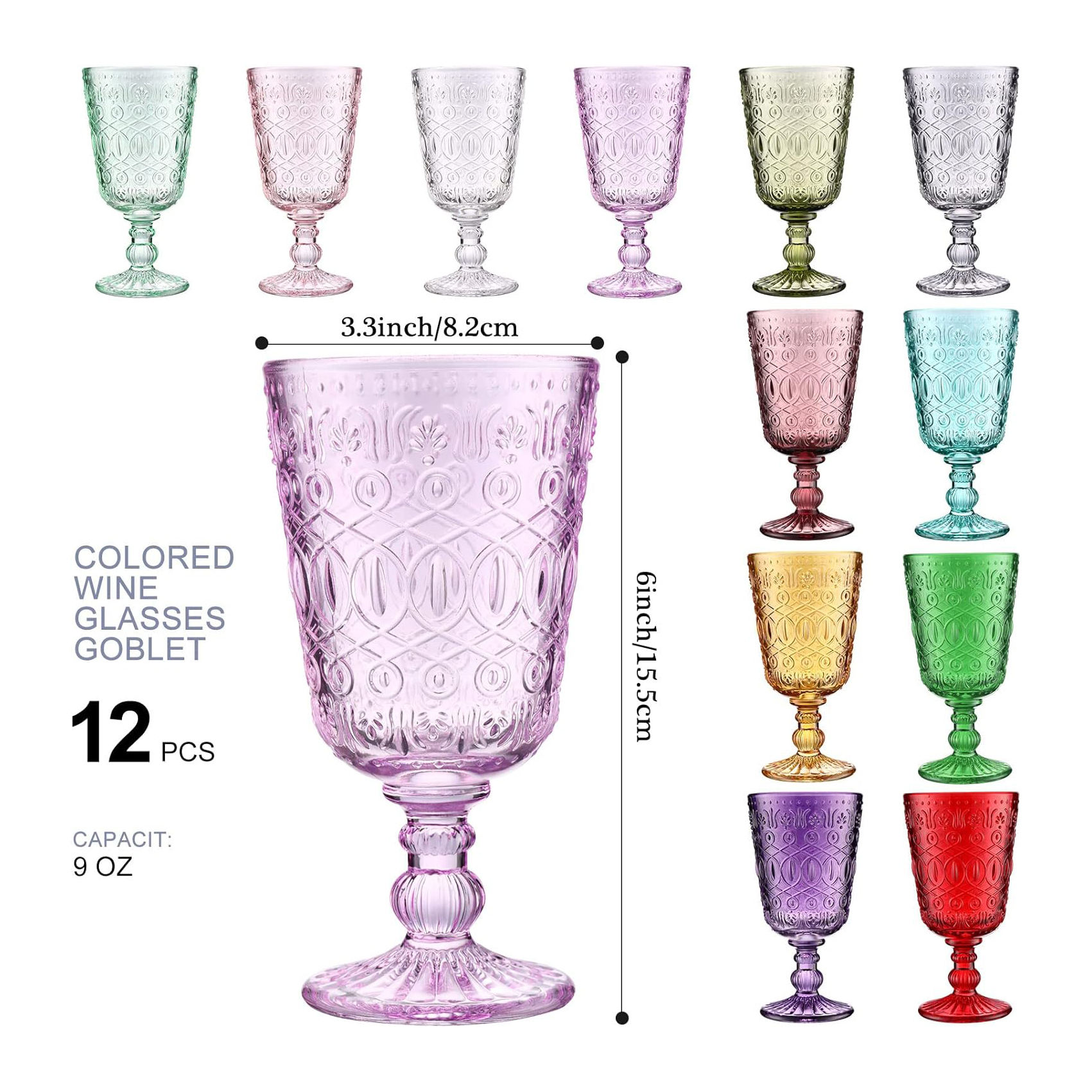 9-ounce stem color retro pattern embossed transparent drinking glass with stem diamond design, suitable for wedding parties