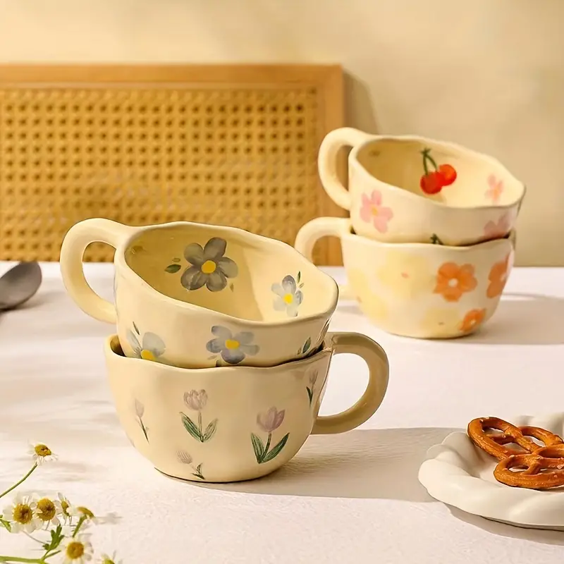 Customized handheld irregular flower milk tea cup with simple style and cute printed ceramic coffee cup